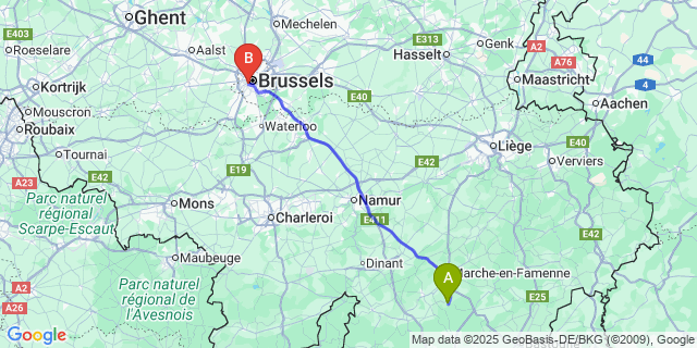 Map: Brussels Midi Train Station to Nassogne