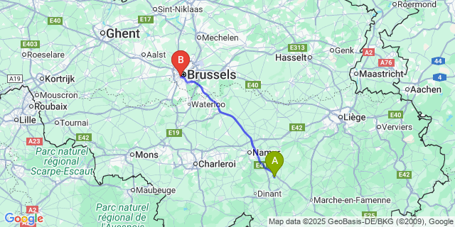 Map: Brussels Midi Train Station to Natoye