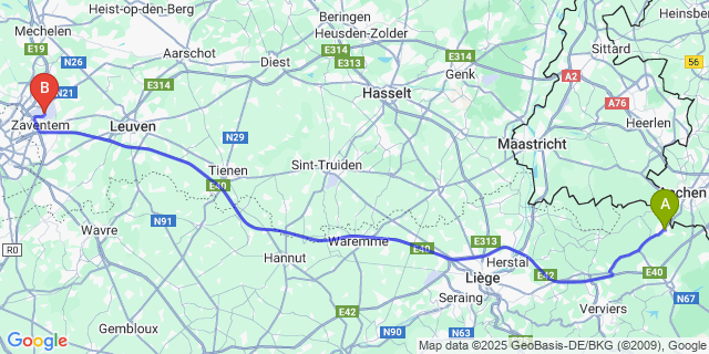 Map: Brussels Zaventem Airport (BRU) to Neu-Moresnet