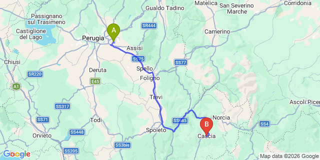 Map: Perugia Airport (PEG) to Cascia