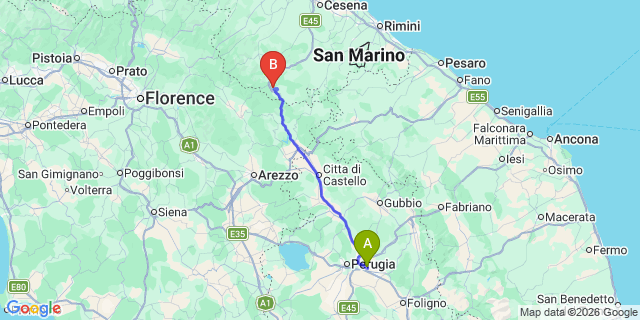 Map: Perugia Airport (PEG) to Cortona