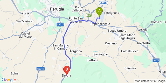 Map: Perugia Airport (PEG) to Deruta