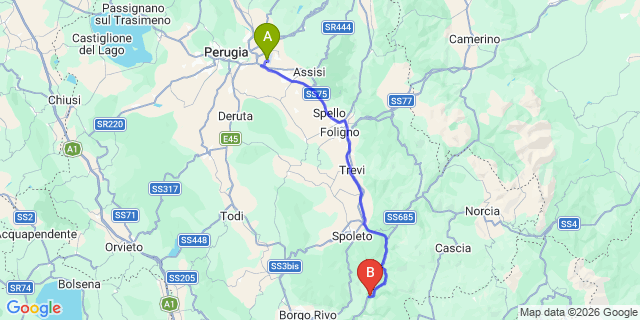 Map: Perugia Airport (PEG) to Ferentillo