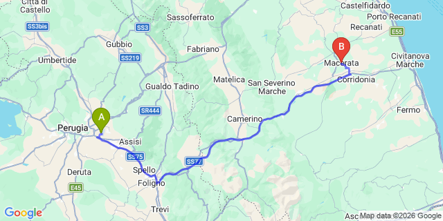 Map: Perugia Airport (PEG) to Macerata