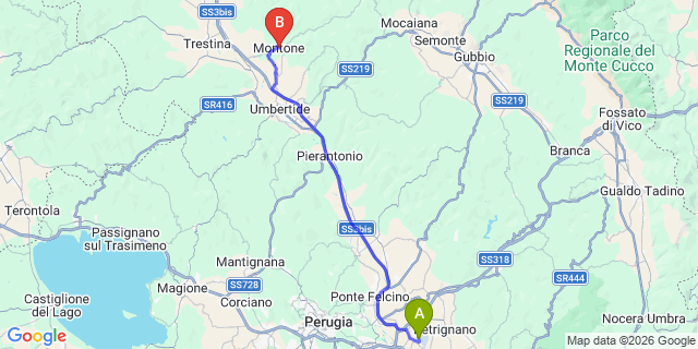Map: Perugia Airport (PEG) to Montone