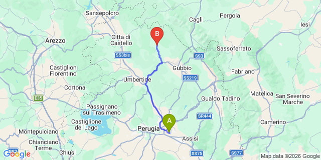 Map: Perugia Airport (PEG) to Pietralunga