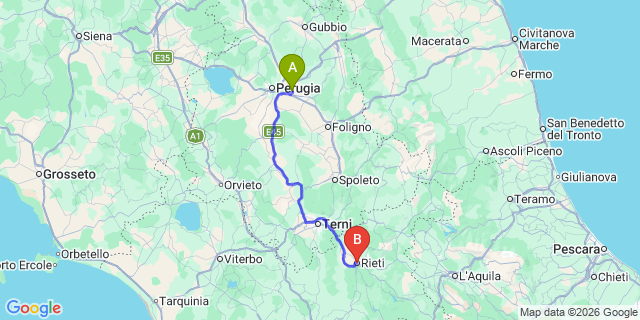 Map: Perugia Airport (PEG) to Rieti