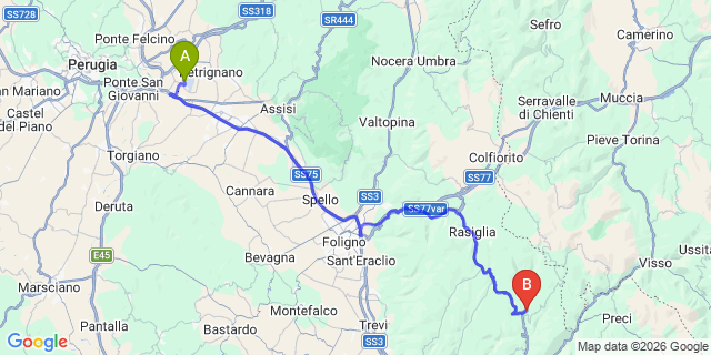 Map: Perugia Airport (PEG) to Sellano