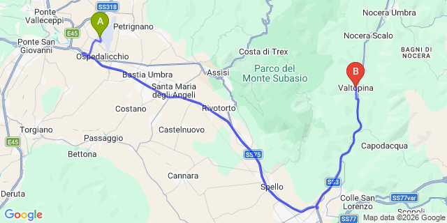Map: Perugia Airport (PEG) to Valtopina