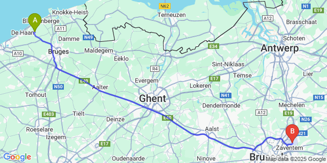Map: Brussels Zaventem Airport (BRU) to Nieuwmunster