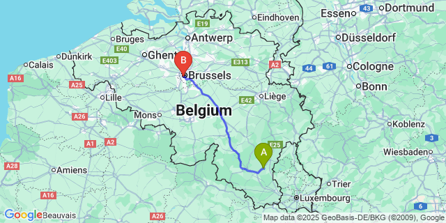 Map: Brussels Midi Train Station to Nives