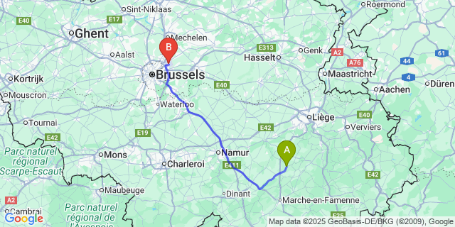 Map: Brussels Zaventem Airport (BRU) to Ocquier
