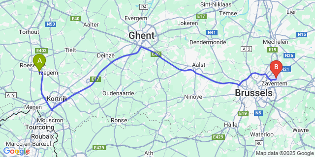 Map: Brussels Zaventem Airport (BRU) to Oekene