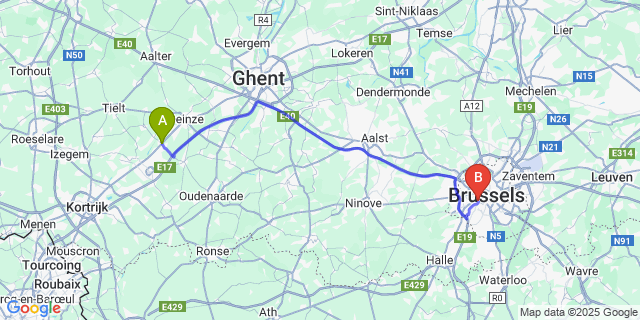 Map: Brussels Midi Train Station to Olsene