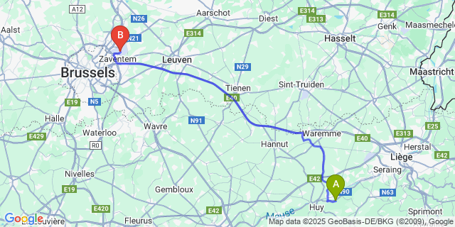 Map: Brussels Zaventem Airport (BRU) to Ombret-Rawsa