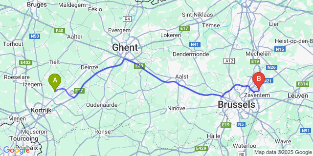 Map: Brussels Zaventem Airport (BRU) to Ooigem