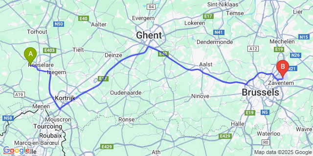 Map: Brussels Zaventem Airport (BRU) to Oostnieuwkerke