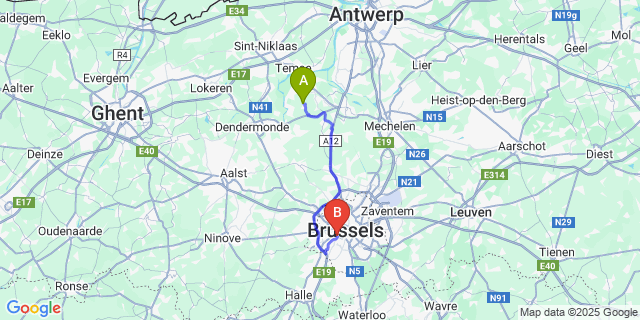 Map: Brussels Midi Train Station to Oppuurs