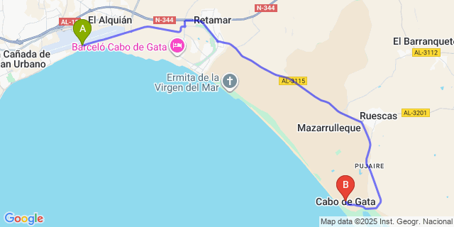 Map: Almeria Airport (LEI) to San Miguel de Cabo de Gata