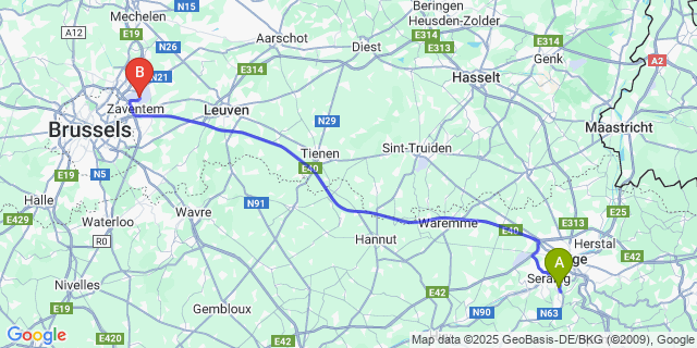 Map: Brussels Zaventem Airport (BRU) to Ougrée