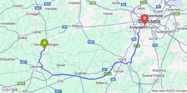 Map: Brussels Midi Train Station to Overboelare