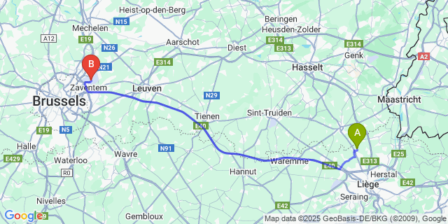 Map: Brussels Zaventem Airport (BRU) to Paifve