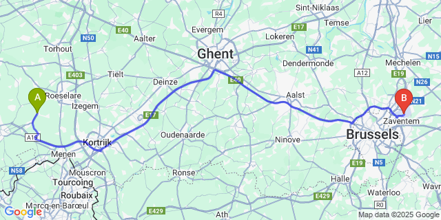 Map: Brussels Zaventem Airport (BRU) to Passendale