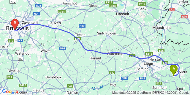 Map: Brussels Midi Train Station to Pepinster
