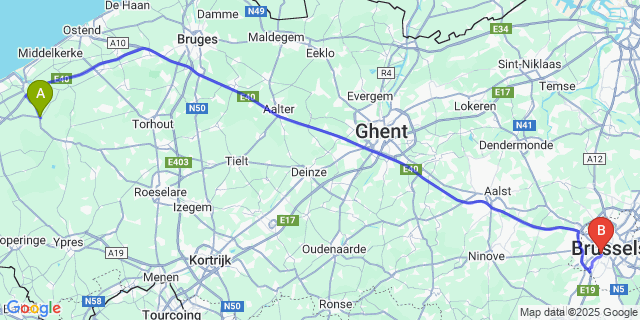 Map: Brussels Midi Train Station to Pervijze