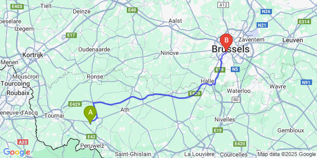 Map: Brussels Midi Train Station to Pipaix
