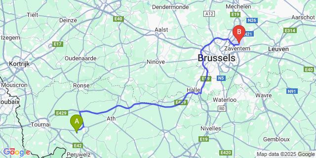 Map: Brussels Zaventem Airport (BRU) to Pipaix