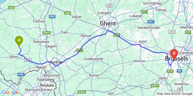 Map: Brussels Midi Train Station to Poelkapelle