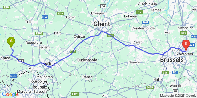 Map: Brussels Zaventem Airport (BRU) to Poelkapelle