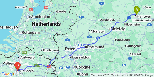Map: Brussels Midi Train Station to Pulle