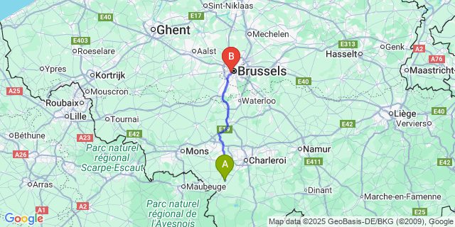 Map: Brussels Midi Train Station to Ragnies