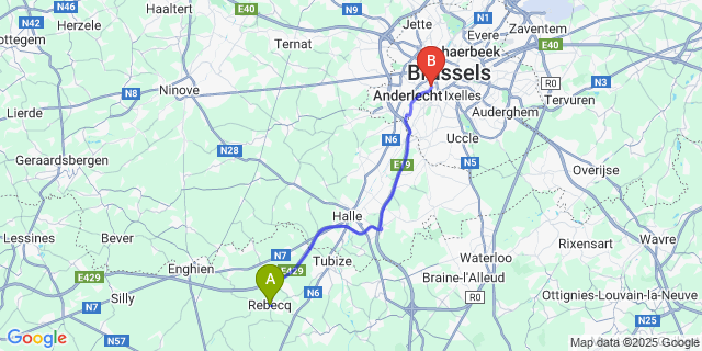 Map: Brussels Midi Train Station to Rebecq