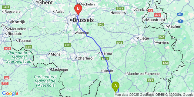 Map: Brussels Zaventem Airport (BRU) to Redu