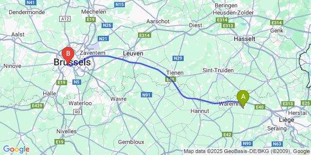 Map: Brussels Midi Train Station to Remicourt