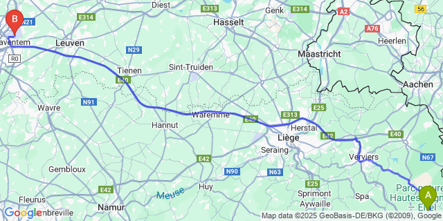 Map: Brussels Zaventem Airport (BRU) to Robertville