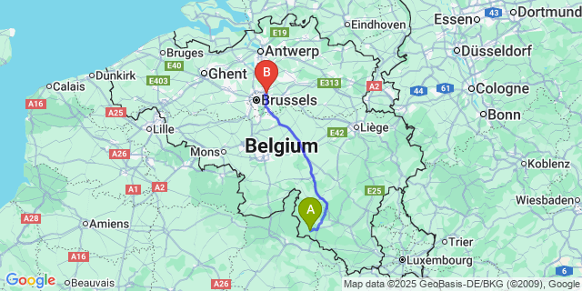 Map: Brussels Zaventem Airport (BRU) to Rochehaut