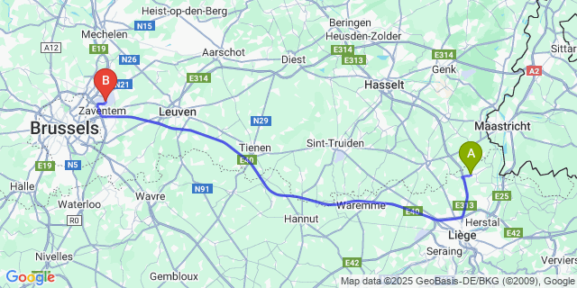 Map: Brussels Zaventem Airport (BRU) to Roclenge-Sur-Geer