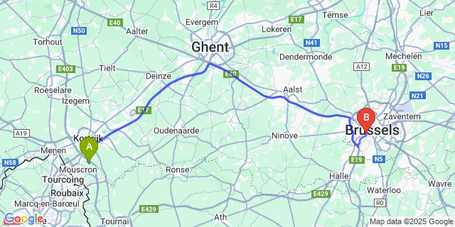 Map: Brussels Midi Train Station to Rollegem