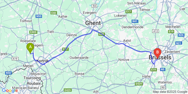 Map: Brussels Midi Train Station to Rollegem-Kapelle