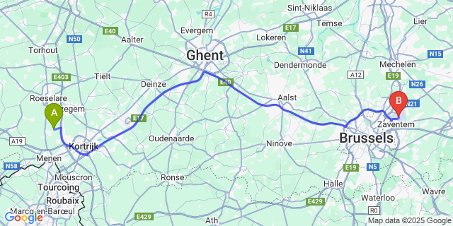 Map: Brussels Zaventem Airport (BRU) to Rollegem-Kapelle