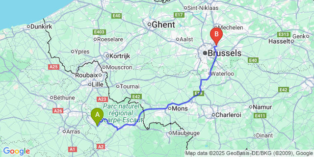Map: Brussels Zaventem Airport (BRU) to Roucourt
