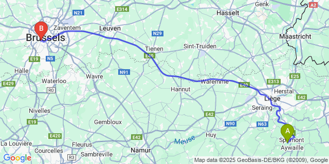 Map: Brussels Midi Train Station to Rouvreux