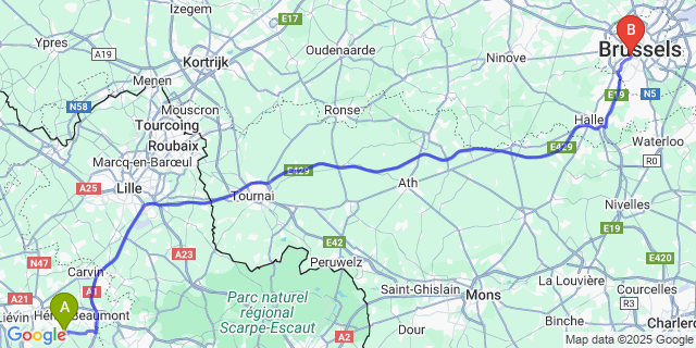 Map: Brussels Midi Train Station to Rouvroy