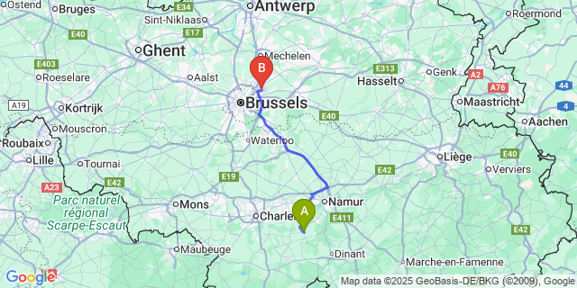 Map: Brussels Zaventem Airport (BRU) to Saint-Gérard