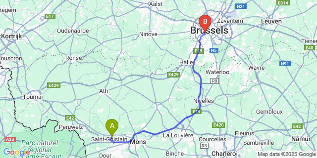 Map: Brussels Midi Train Station to Saint-Ghislain
