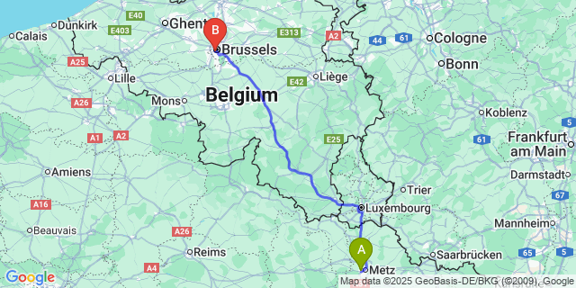 Map: Brussels Midi Train Station to Scy